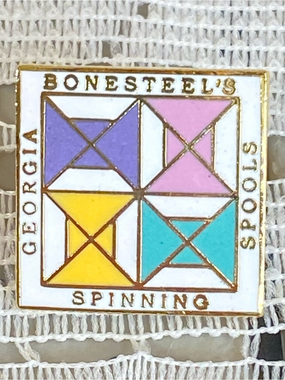 Georgia Bonesteels Spinning Spools Lapel Pin Pastel Quilt Block Colors Vintage